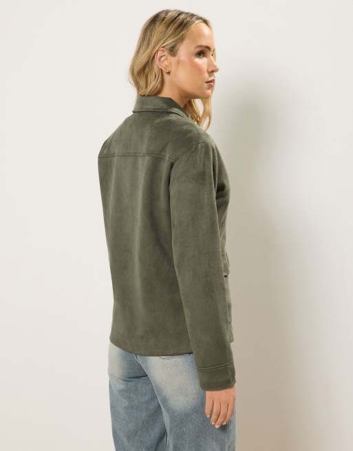 Long Tall Sally Faux suede trucker jacket in green, 3 of 4