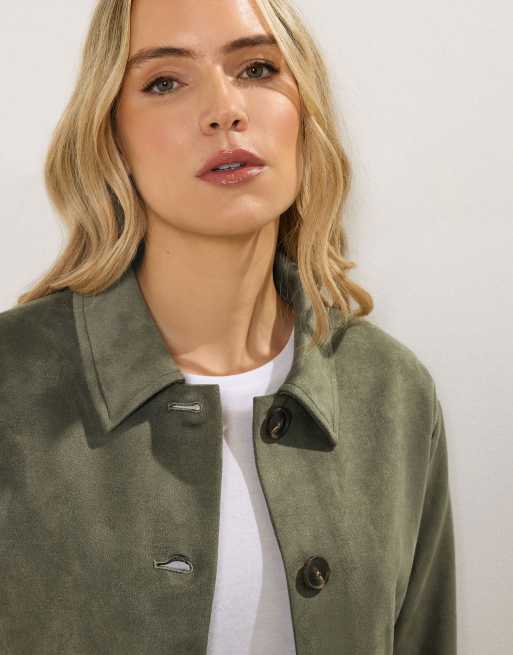 Long Tall Sally Faux suede trucker jacket in green, 4 of 4