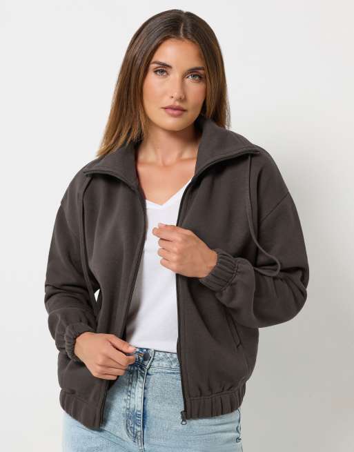 Long Tall Sally Funnel neck zip through sweatshirt in brown, 2 of 4