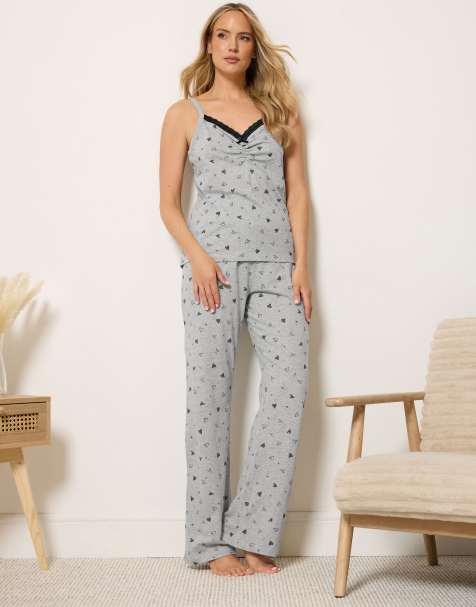 Long Tall Sally Heart print cotton wide leg pyjama set in grey - view 1