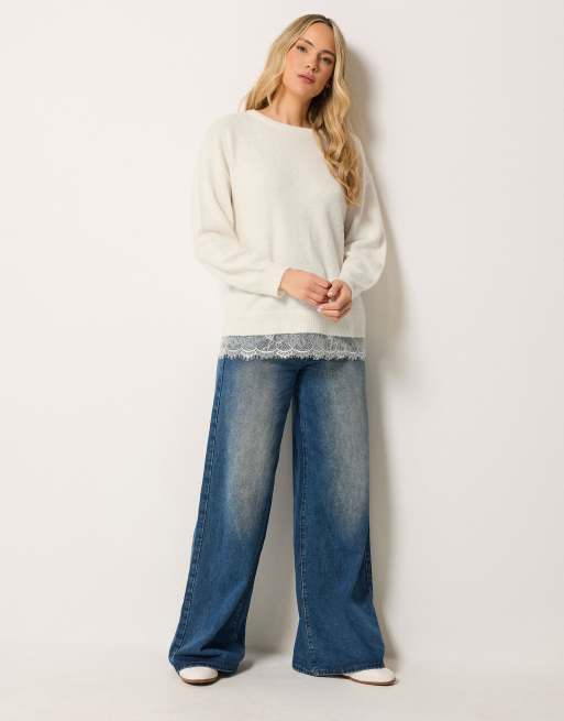 Long Tall Sally Lace hem knitted jumper in ivory, 2 of 4