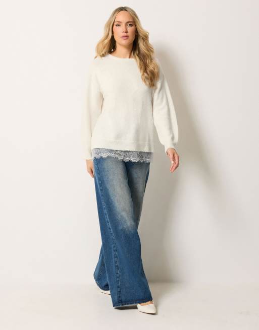 Long Tall Sally Lace hem knitted jumper in ivory, 3 of 4