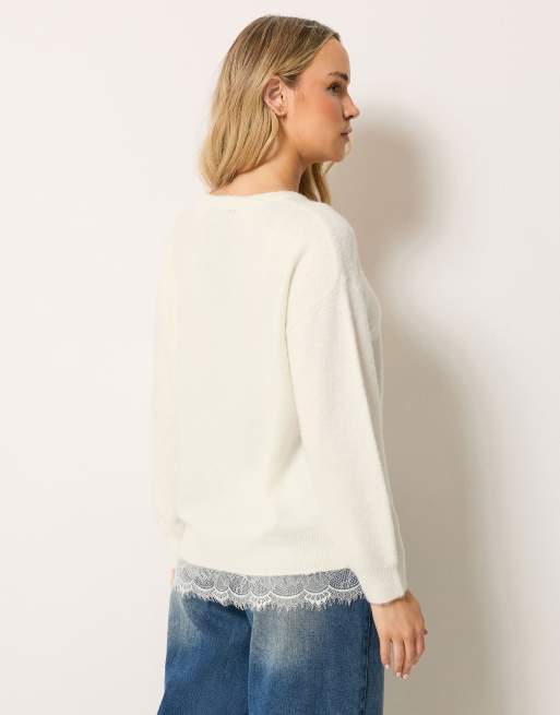 Long Tall Sally Lace hem knitted jumper in ivory, 4 of 4