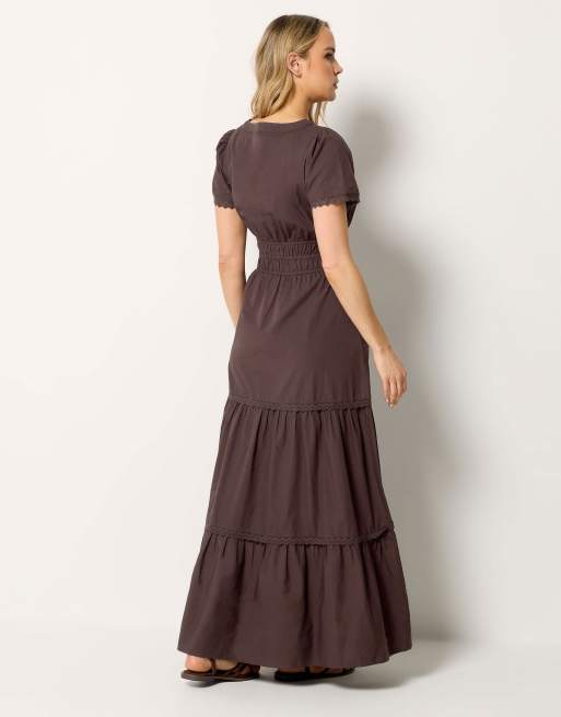 Long Tall Sally Lace trim tiered maxi dress in brown, 3 of 4