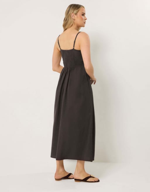 Long Tall Sally Linen embroidered midi dress in brown, 3 of 4