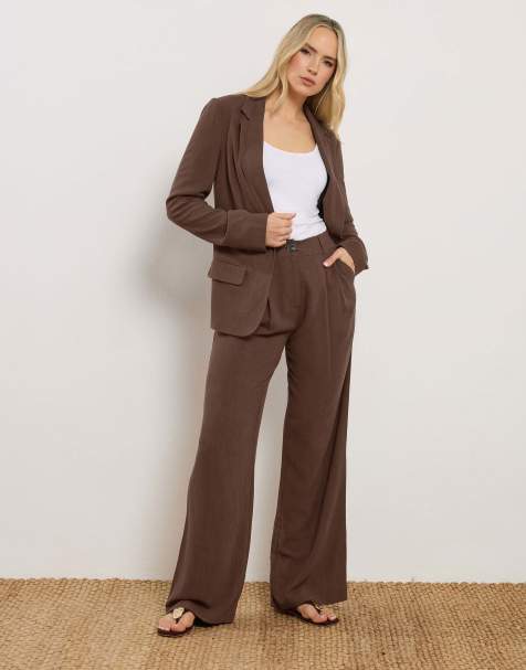 Long Tall Sally Linen pleated wide leg trousers in brown - view 1
