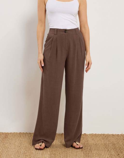 Long Tall Sally Linen pleated wide leg trousers in brown, 2 of 4