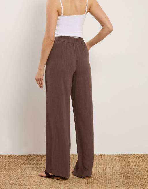 Long Tall Sally Linen pleated wide leg trousers in brown, 3 of 4