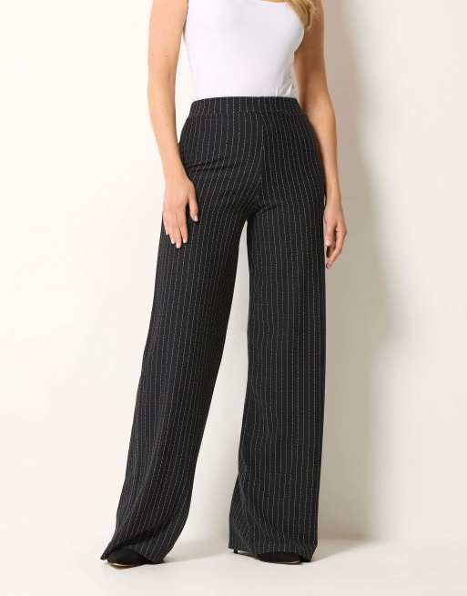 Long Tall Sally Pinstripe wide leg trousers in black, 2 of 4