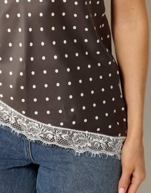 Long Tall Sally Polka dot asymmetric lace cami top in brown, 4 of 4