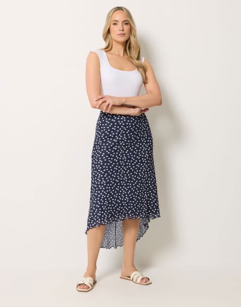 Long Tall Sally Polka dot asymmetric mesh midi skirt in blue - view 1