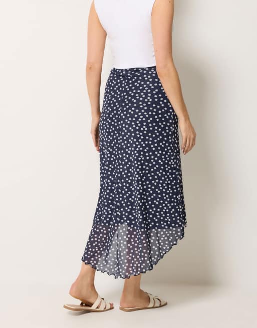 Long Tall Sally Polka dot asymmetric mesh midi skirt in blue, 3 of 5