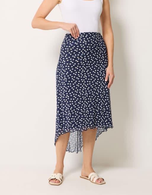 Long Tall Sally Polka dot asymmetric mesh midi skirt in blue, 4 of 5