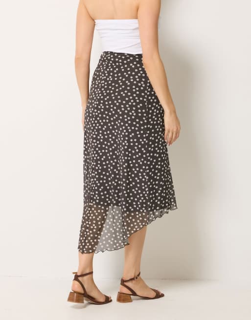 Long Tall Sally Polka dot asymmetric mesh midi skirt in brown, 3 of 4