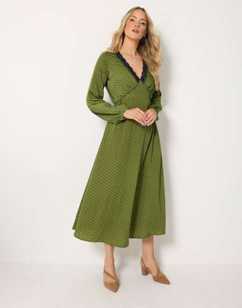 Long Tall Sally Polka dot lace detail satin midi dress in green - view 1