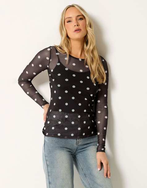 Long Tall Sally Polka dot mesh top in brown - view 1