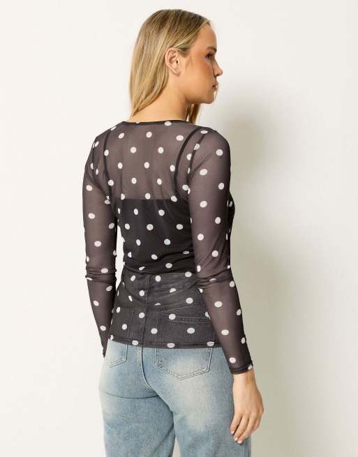 Long Tall Sally Polka dot mesh top in brown, 3 of 4