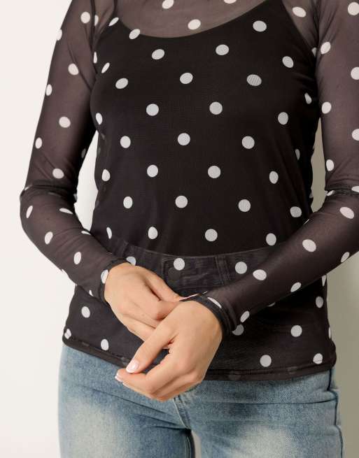 Long Tall Sally Polka dot mesh top in brown, 4 of 4