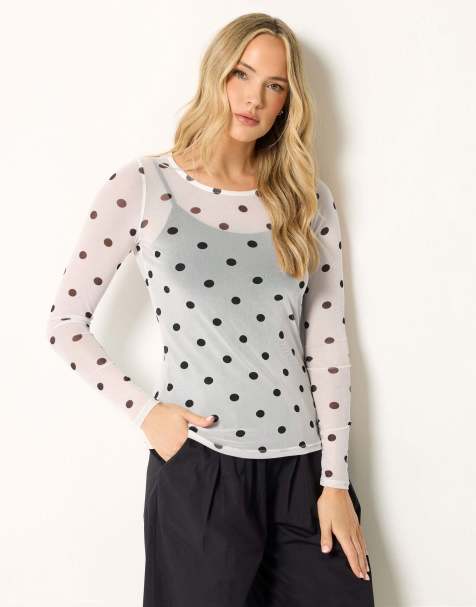 Long Tall Sally Polka dot mesh top in white