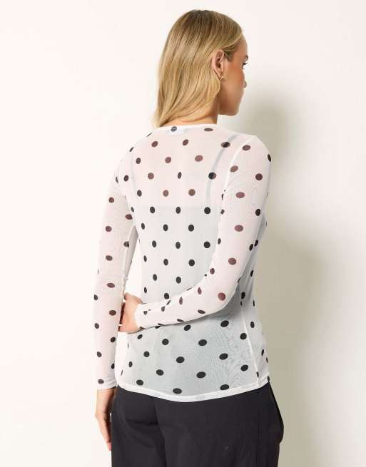 Long Tall Sally Polka dot mesh top in white, 3 of 4