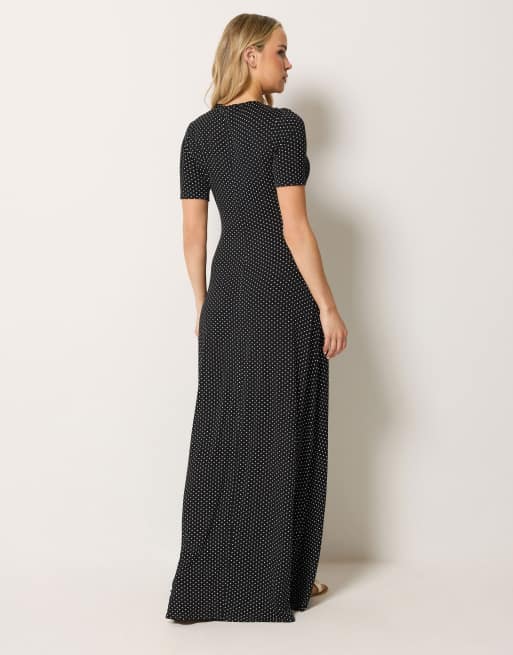 Long Tall Sally Polka dot short sleeve maxi dress in black, 3 of 4