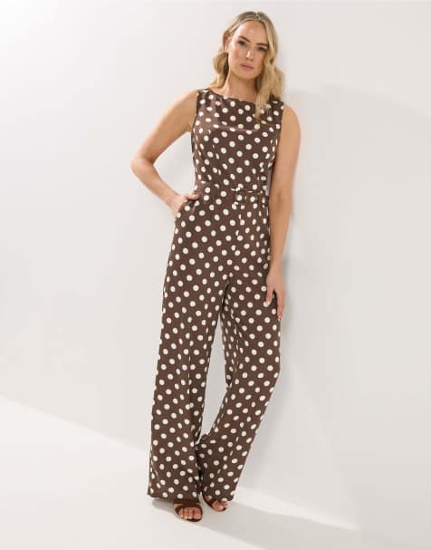 Long Tall Sally Polka dot wide leg jumpsuit in brown - view 1