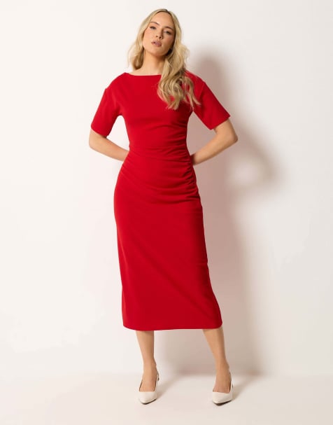 Long Tall Sally Ruched detail midi dress in red - view 1