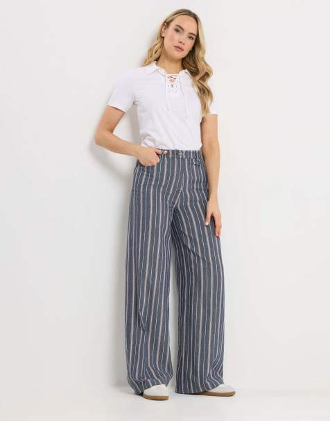 Long Tall Sally Stripe denim wide leg jeans in blue - view 1