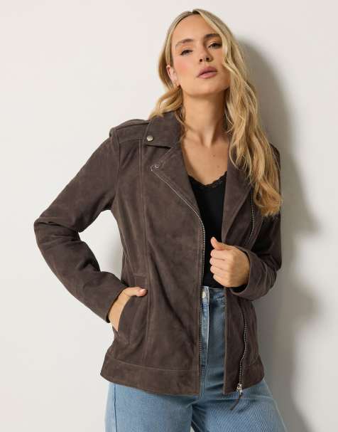 Long Tall Sally Suede biker jacket in brown - view 1