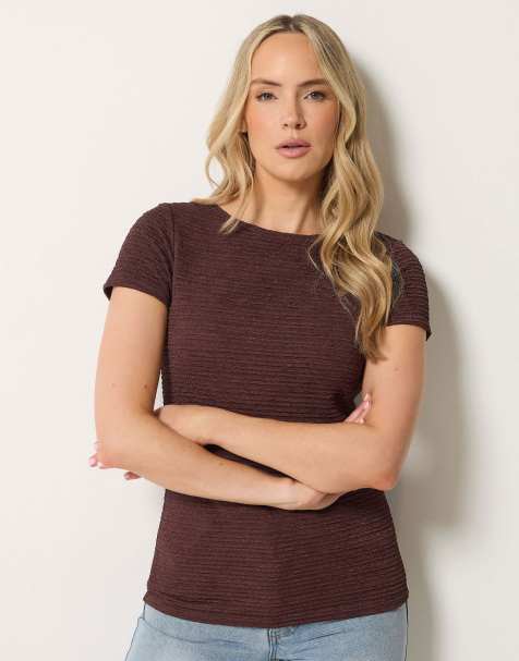 Long Tall Sally Textured slash neck top in brown - view 1