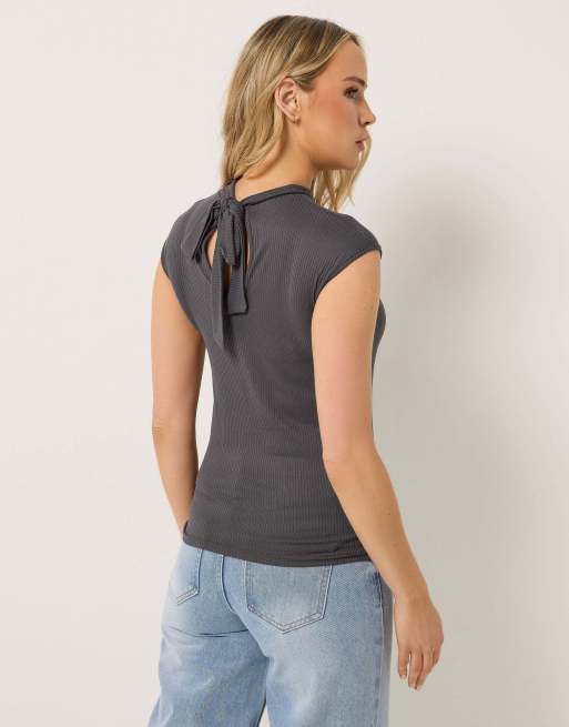 Long Tall Sally Tie back ribbed top in grey, 3 of 4