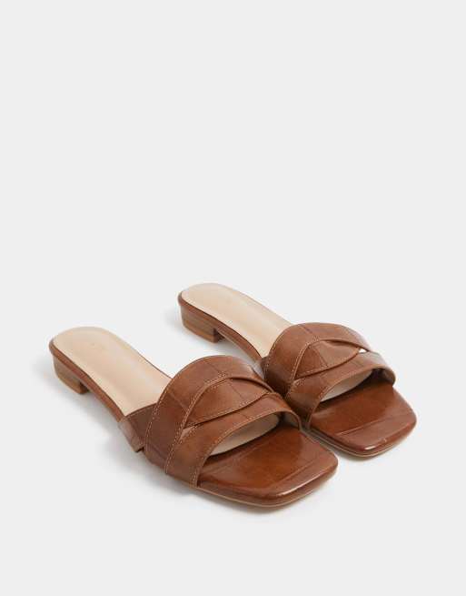 Long Tall Sally Twisted block mule sandals in standard fit in brown, 2 of 4