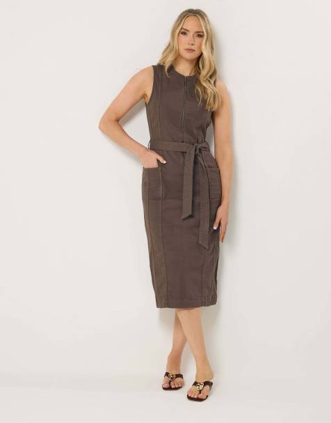 Long Tall Sally Zip front denim midi dress in brown - view 1