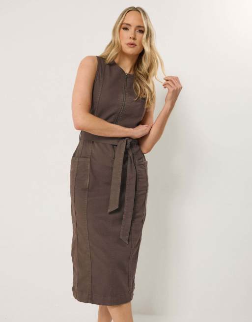 Long Tall Sally Zip front denim midi dress in brown, 4 of 4