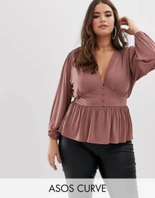 фото Лонгслив с пышными рукавами и корсетной талией asos design curve-розовый asos curve