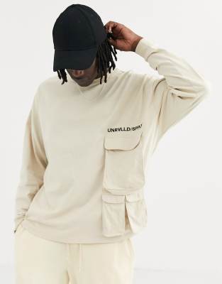 фото Лонгслив в стиле oversized с вышивкой и карманами милитари asos unrivalled supply-бежевый asos unrvlld supply