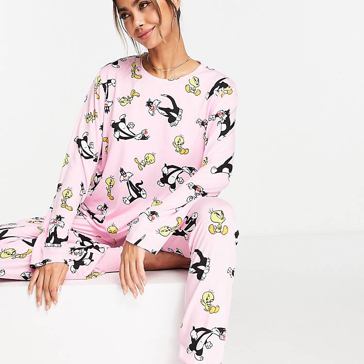 Verdeel Hallo maat Looney Tunes Sylvester and Tweety Pie pajama set in pink and lilac | ASOS