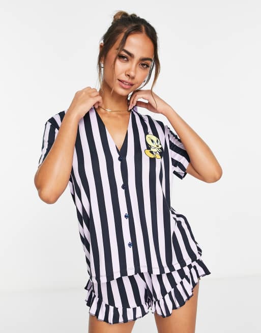 Looney Tunes – Tweety Pie – Kurzes Pyjama-Set mit Shorts in Flieder und Marineblau gestreift