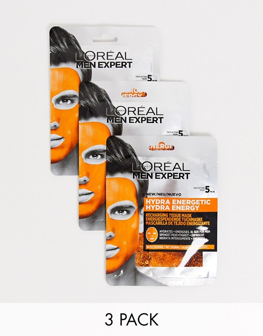 L'Oreal Men Expert Hydra Energetic Re-Charge Face Mask x3