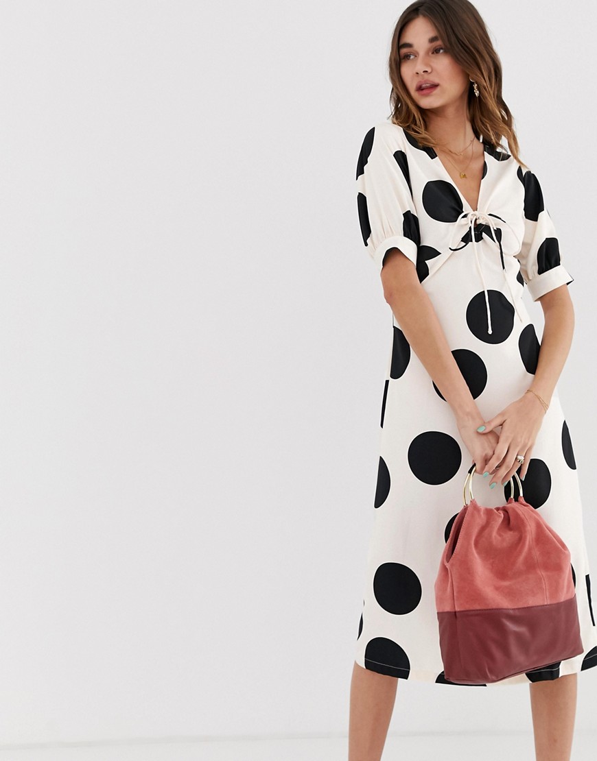 Lost Ink a line midi dress with tie front in spot print-White