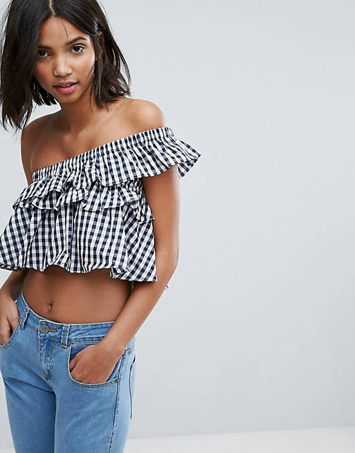 Lost Ink Bandeau Top With Frill In Gingham