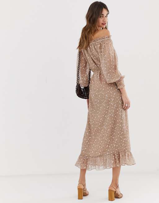 Lost Ink bardot dress with tie waist in vintage floral chiffon | ASOS