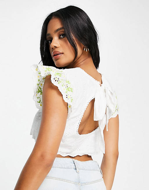 Lost Ink broderie boxy lounge crop top in white