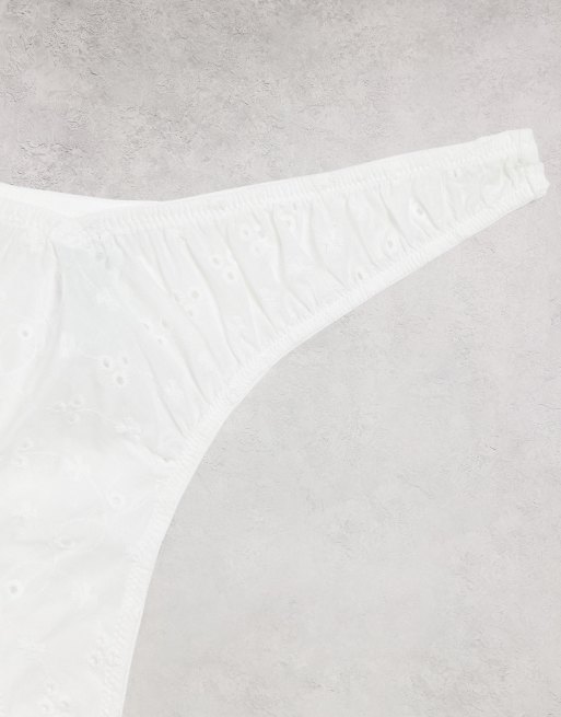 Lost Ink broderie daisy high leg thong in white, 4 of 4