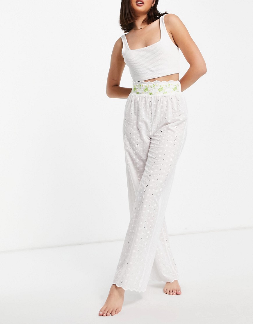 Lost Ink broderie high waist lounge pant in white