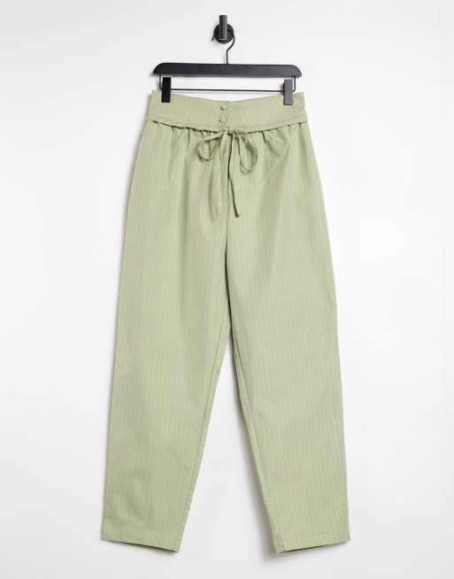 Lost Ink - Broek met hoge, gestrikte taille in saliegroen met krijtstreep