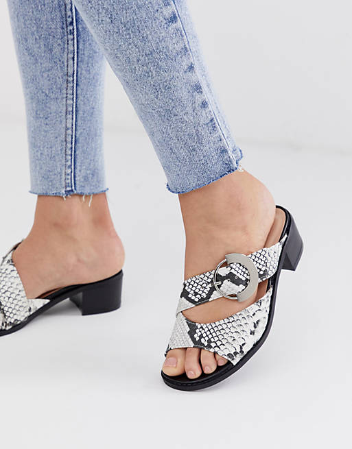 Lost Ink buckle detail low heeled sandals in snake