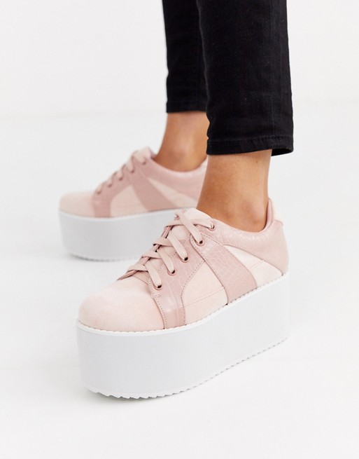 Lost Ink chunky flatform lace up trainer in pink