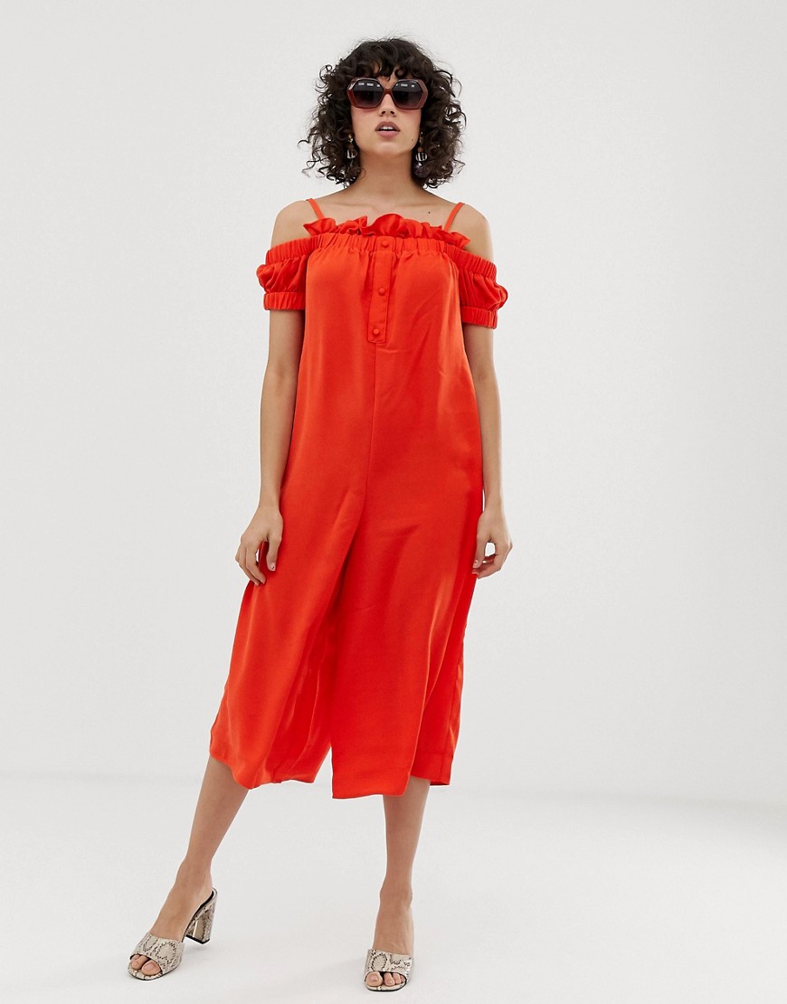 Lost Ink Cold Shoulder Jumpsuit With Button Front And Frill Trim-Orange