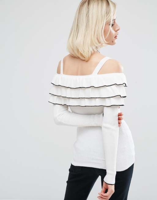 Ruffle cold 2025 shoulder sweater